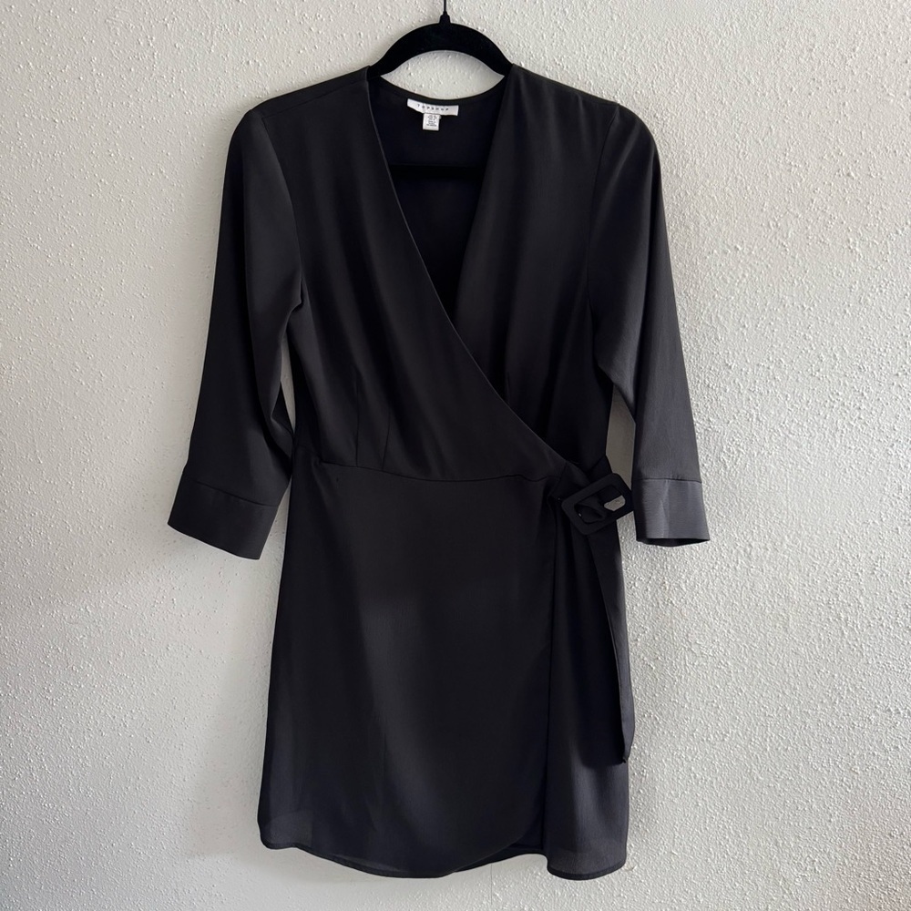 Topshop Black Wrap Mini Dress with Buckle Detail - Size 6